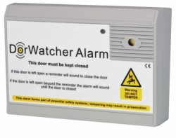 DorWatcher 12VDC Mains Battery Powered Door Held Open Fire Alarm Set Time Delay Screecher Sounder